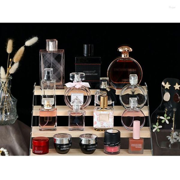Sacos de armazenamento Acrílico Wood Display Stand 4-Step Clear Riser Prateleira para exibir figuras jóias perfumes