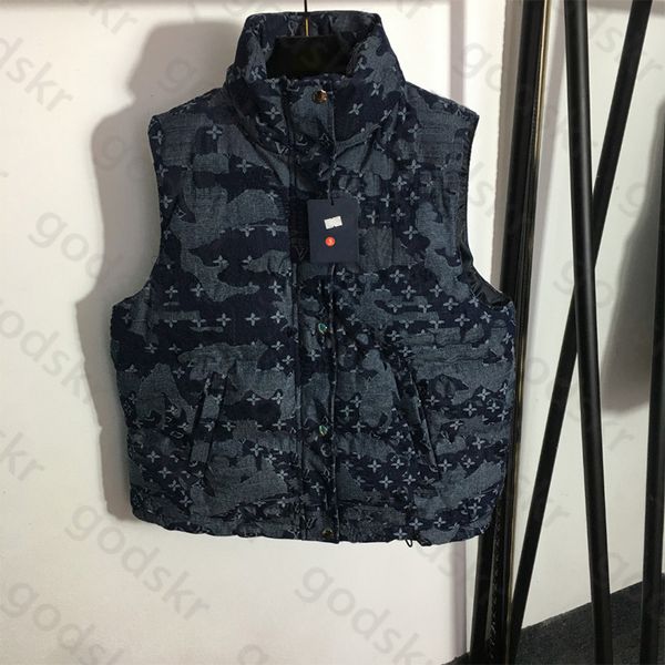 Denim Daunenjacke Weste Damen Herren Vintage Print Reißverschluss Ärmelloser Mantel Verdickte Stehkragenwesten