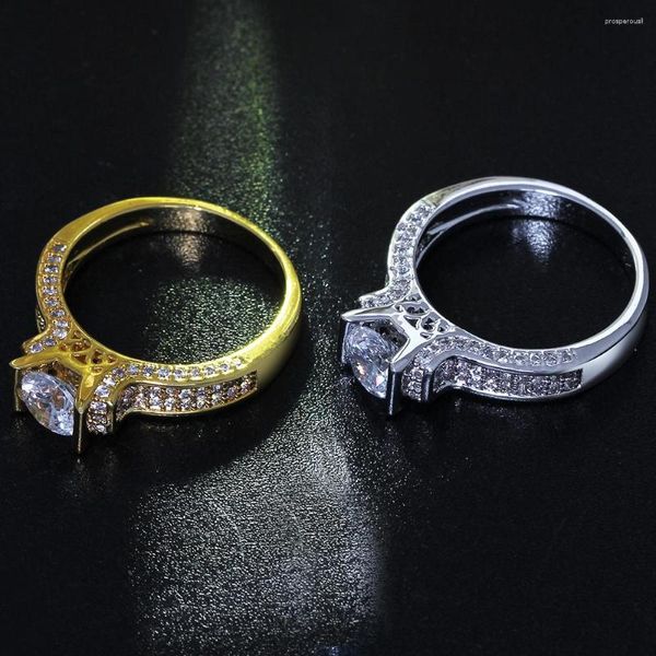 Cluster-Ringe, elegant, 1 Stein, weiß und goldfarben, Zirkonia, Top-Schmuck, Damenschmuck, Damen-Fingerring