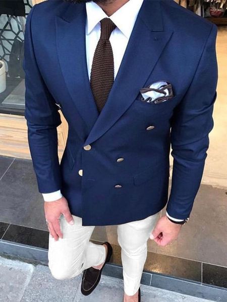 Ternos masculinos moda azul marinho duplo breasted 2 peça terno masculino noivo casamento smoking personalizado lapela pico com calças marfim