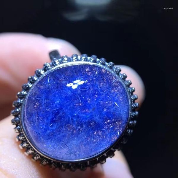 Cluster-Ringe, natürlicher blauer Rutil-Dumortierit-Quarz, verstellbarer Ring, 14,7/13 mm, ovale Blumenperle, Damen- und Herrenschmuck