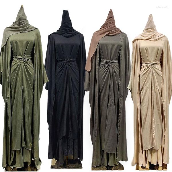 Roupas étnicas Manga Longa Vestido Muçulmano Abaya Open Robe Headscarf Set Cor Sólida Vestido de Noite