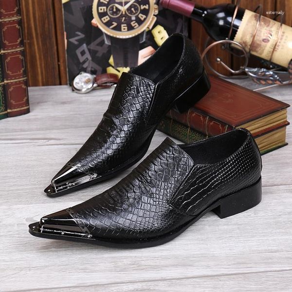 Классические туфли Черные мужские туфли на низком каблуке из натуральной кожи Крокодиловые оксфорды со стальным острым носком Змеиная кожа Итальянские деловые офисные мокасины Homme