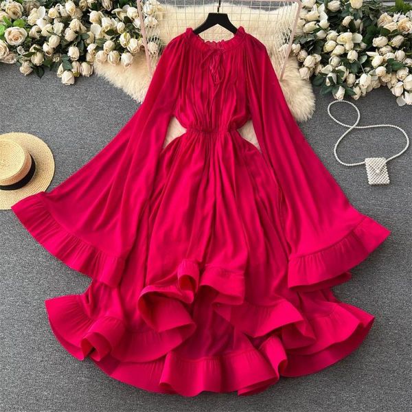 Vestidos casuais Clothland mulheres elegantes babados maxi vestido alargamento manga colarinho cintura elástica uma peça moda vestido qc455