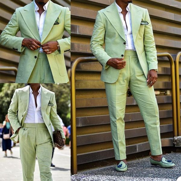 Мужские костюмы, зеленые льняные куртки, комплекты свадебных комплектов из 2 предметов, приталенный двубортный смокинг для жениха, элегантное платье для вечеринки