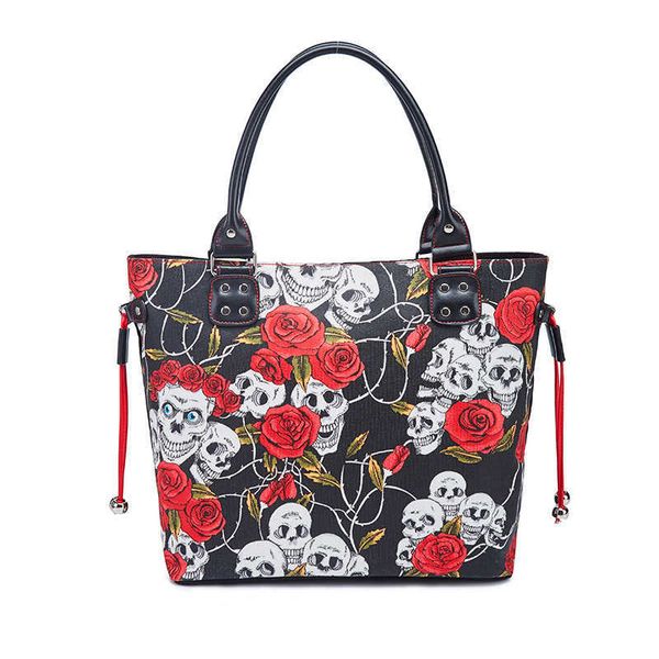 2023 neue Stil Rose Skeleton Leinwand Tasche frauen Handtasche Halloween Große Einkaufstasche Geldbörse 230927