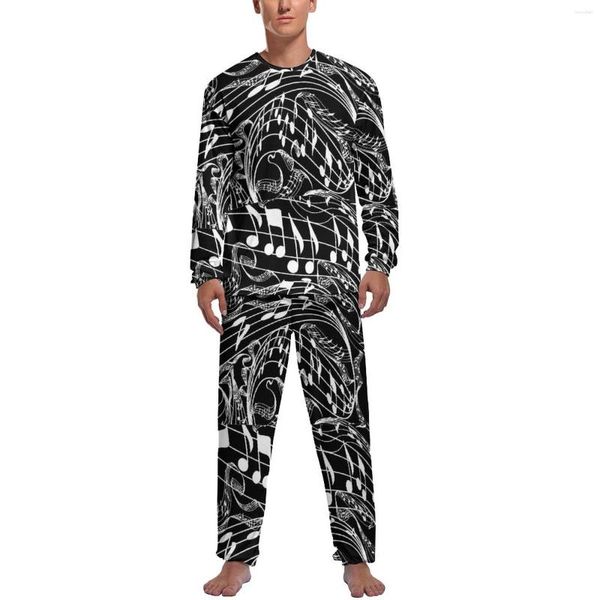 Pijamas masculinos notas musicais pijamas manga longa preto branco 2 peças conjuntos de pijama de quarto primavera homens gráficos bonitos