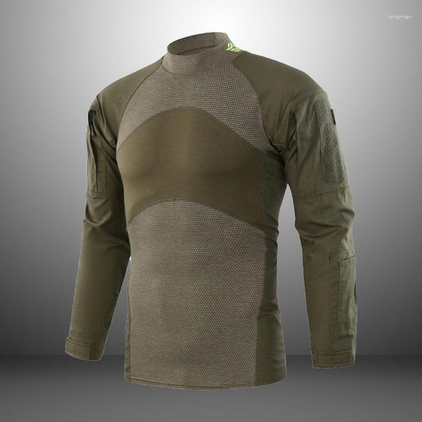 Camisas masculinas de treinamento ao ar livre camuflagem casaco de mangas compridas respirável e durável estilo militar em torno do pescoço apertado na primavera verão