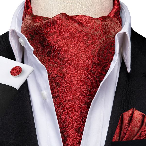 Gravatas de pescoço Hi-Tie Silk Mens Ascot Hanky Cufflinks Set Cravat Tie para negócios de casamento masculino rosa azul vermelho ouro verde roxo branco borgonha 231013