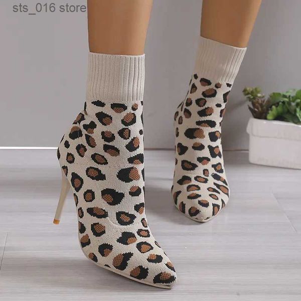 Botas leopardo impressão estiramento tecido meias botas mulheres 2023 sexy salto stiletto tornozelo botas mulher apontou toe sapatos de salto alto mais size43 t230927