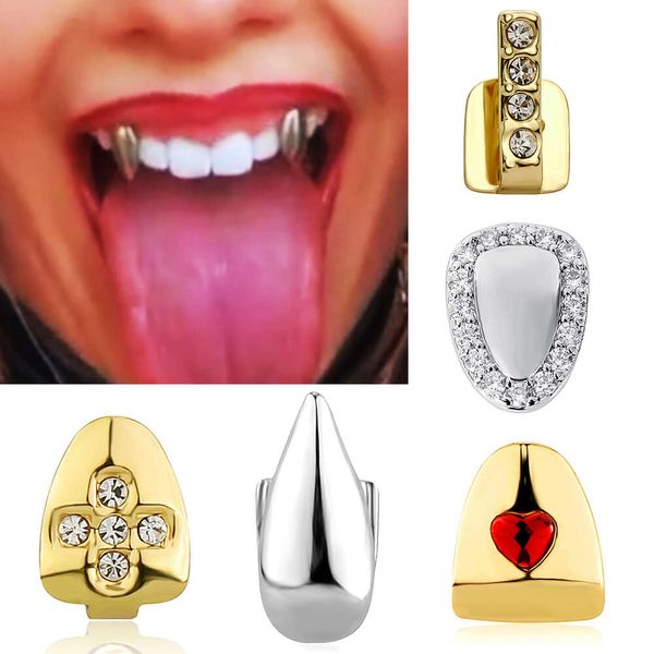 18K Oro Rosa Singola Dente Grillz Bretelle Punk Hip Hop CZ Cubic Zirconia Denti Incrociati Bocca Dentale Fang Grills Dente Cap Cosplay Halloween Vampiro Rapper Gioielli per il Corpo