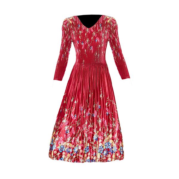 Abito rosso Slim-Neck Slim Floral Retro Floral 2023 Designer Designer Lunga manica lunga Elegante velluto dorato Abiti a pieghe midi Autunno inverno che vanno fuori vacanza per feste di compleanno