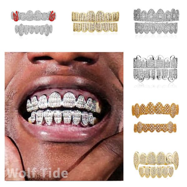 Iced Out Cubic Zirconia Skull Teeth Grillz 18K Ouro Real Punk Hip Hop Full Diamond Fang Grills Brace Tooth Cap Rapper Body Jewelry para Cosplay Halloween Costume Party