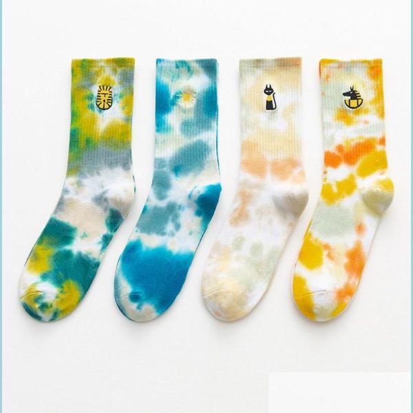 Schuhteile Zubehör Tie-Dye Ägyptischer Kobold Stickerei Männer Frauen Socken Baumwolle Harajuku Vortex Mode Lustige Hip Hop Katze Löwe Gi Dhcll