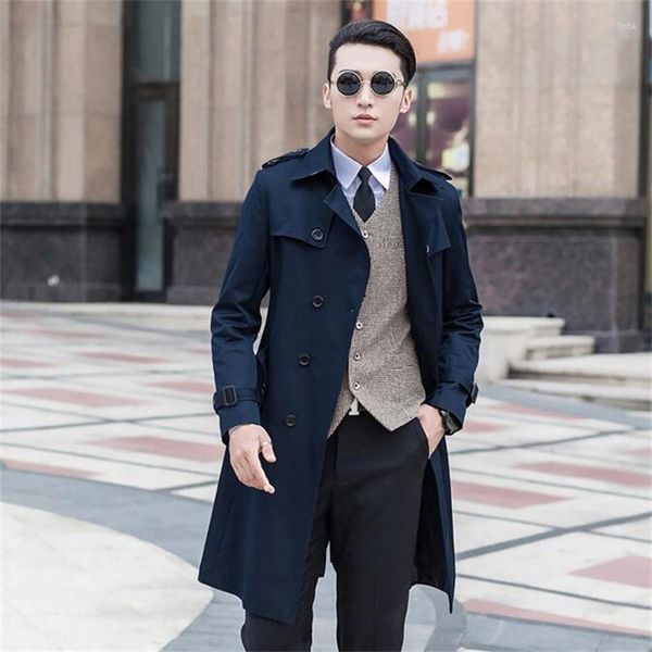 Trench da uomo coreano primavera e autunno giacca a vento lunga blu business gentiluomo giovane di mezza età doppiopetto