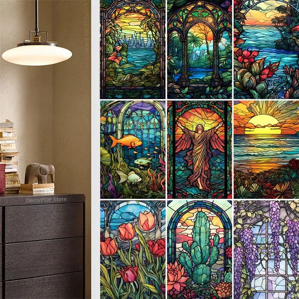 Adesivos de parede manchados colorido planta tropical flor oceano nascer do sol janela de vidro estática removível pvc filme decorativo para escritório em casa 230927