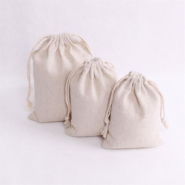 100 pçs / lote cor natural sacos de algodão pequena festa favores linho cordão presente saco musselina bolsa pulseira jóias embalagem bags243z