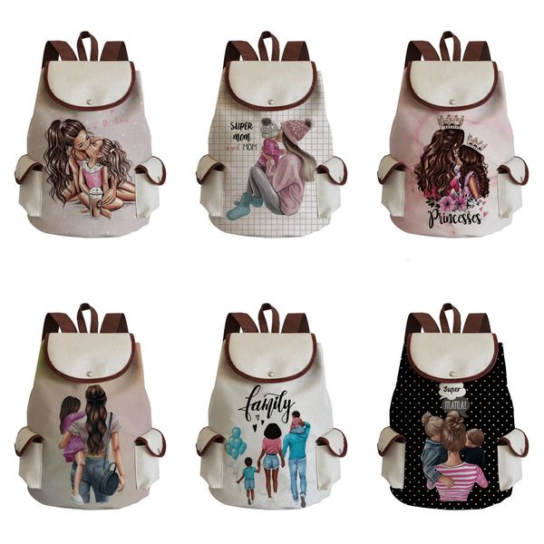 Sacos escolares dos desenhos animados Super Mama Imprimir mochila mãe e bebê mochila gráfica mulheres casuais sacos de cordão linho menina saco de livro padrão personalizado 230927