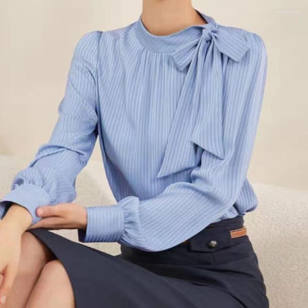 Blusas femininas listrado azul 2023 senhora do escritório gravata borboleta o pescoço temperamento topos outono moda manga longa blusa reta para