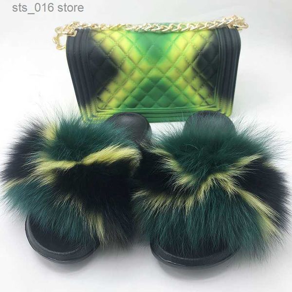 Chinelos Atacado Jelly Bolsas Com Chinelo Sapatos Mulheres Personalizado Crossbody Bag Fox Fur Slides Define Jelly Bag Com Real Fox Fur Chinelos T230927