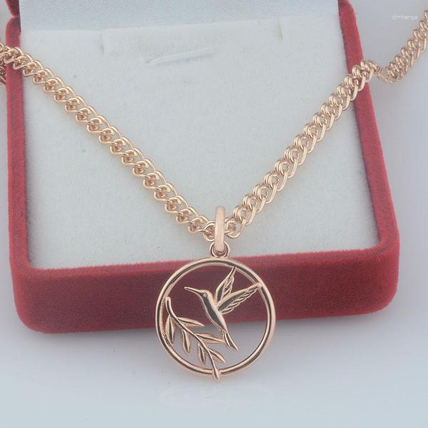 Colares de pingente FJ Mulheres 585 Rose Gold Color Bird Leaf Drawing Chains