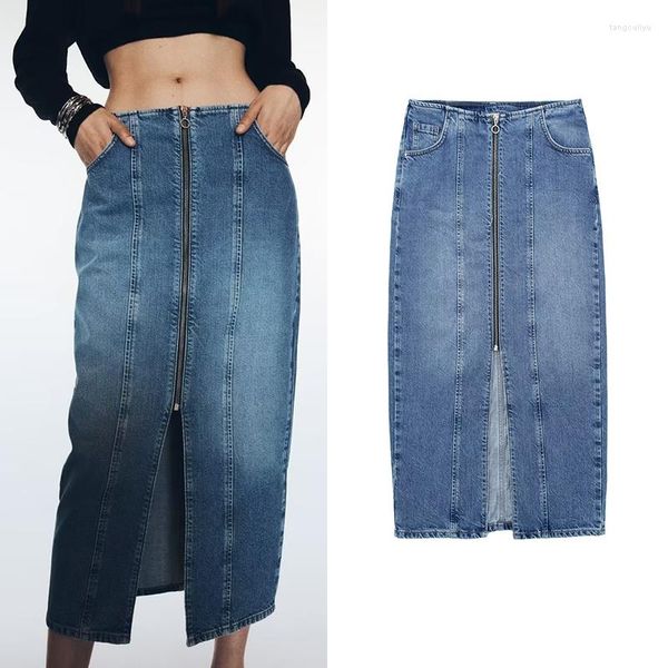 Etekler Cepleri ile Kadın Modası Ön Slit Denim Midi Etek Vintage Yüksek Bel Zip