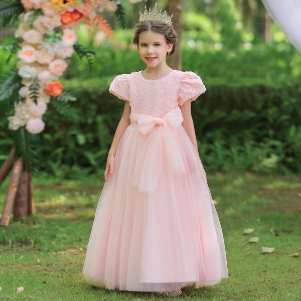 Vestidos da menina dsp mangas inchadas rosa vestido de princesa até o chão flor com arco 4 6 8 10 anos de idade vestido de festa de casamento das meninas