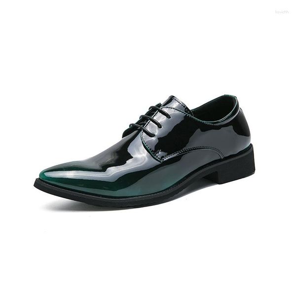 Sapatos de vestido Luxo Homens Espelho Face Formal Patente Couro Apontado Lace-Up Negócios para Festa Verde Oxfords