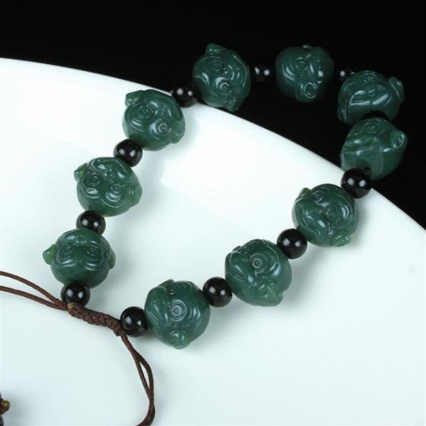 Fios frisados natural xinjiang hetian yu chinês zodíaco macaco cabeça mão pedra sorte estiramento elástico pulseira moda jóias 222m