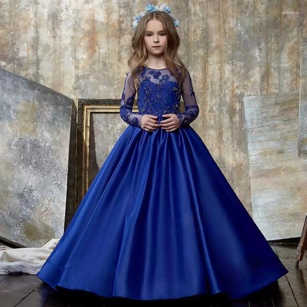 Платья для девочек, королевские синие атласные платья с цветочной аппликацией и хвостом, с длинными рукавами для свадьбы, дня рождения, банкета, платья принцессы