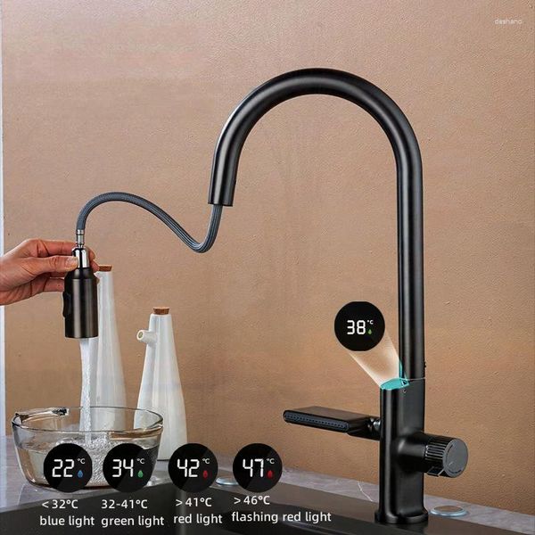 Rubinetti della cucina Display digitale Sensore di temperatura a cascata Rubinetto Estraibile Spruzzatore a flusso Miscelatore lavello acqua fredda per