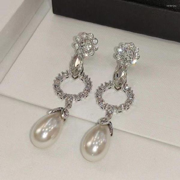 Pendientes traseros a las riendas clásico vintage cristal perla colgante color plata clip de oreja largo mujeres alta calidad encantadora fiesta joyería de cumpleaños