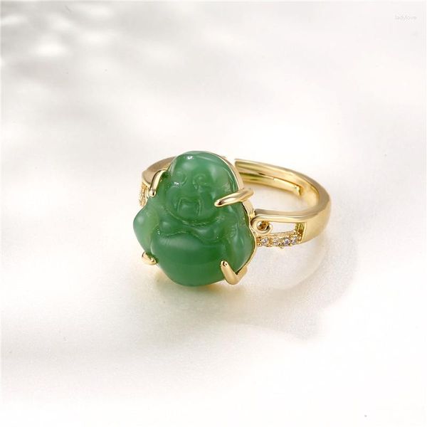 Cluster-Ringe, natürlicher Messing-Überzug, 18 Karat Gold, eingelegter Jade-Ring, offener Buddha für Frauen, grüner Schmuck