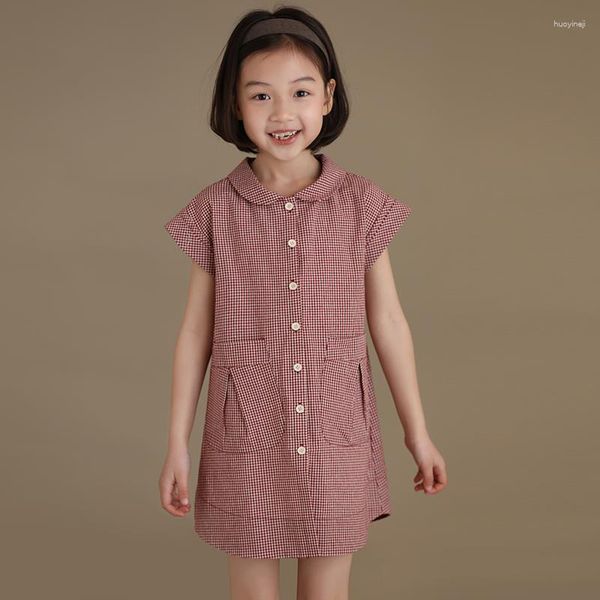 Mädchen Kleider Sommer Kinder Mädchen Kleid Baumwolle Puppe Kragen Rosa Farbe Plaid Kurzarm Casual Einfache Stil Kinder Kleidung