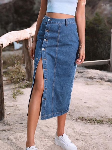 Gonne Vintage da donna Lato destro Monopetto Denim Lungo Moda casual Vita alta Traspirante Pantaloni a metà polpaccio