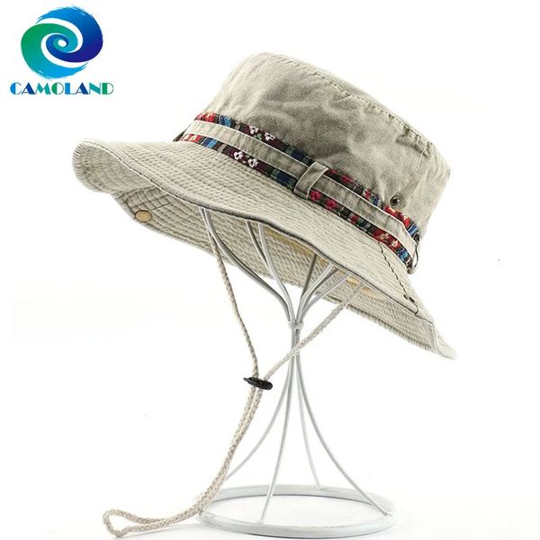 Уличные шляпы CAMOLAND Летние солнцезащитные шляпы с защитой от ультрафиолета Женщины Мужчины Хлопковая панама с цветочной лентой Дизайн Пляжные шапки На открытом воздухе Походные рыболовные шапки 230927