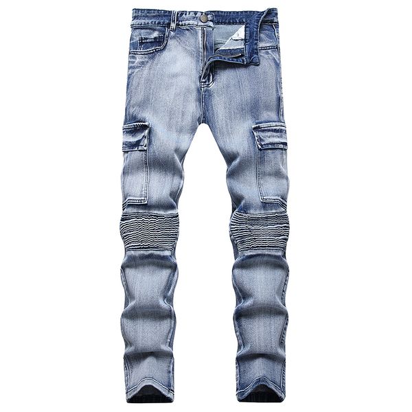 Модные тонкие байкерские джинсы с несколькими карманами для мужчин, повседневные прямые плиссированные мотоциклетные брюки, осенне-весенние мужские джинсовые брюки