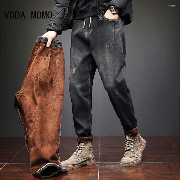 Jeans masculinos 2023 homens moda inverno preto fino ajuste estiramento grosso veludo calças quentes casuais calças de lã masculino