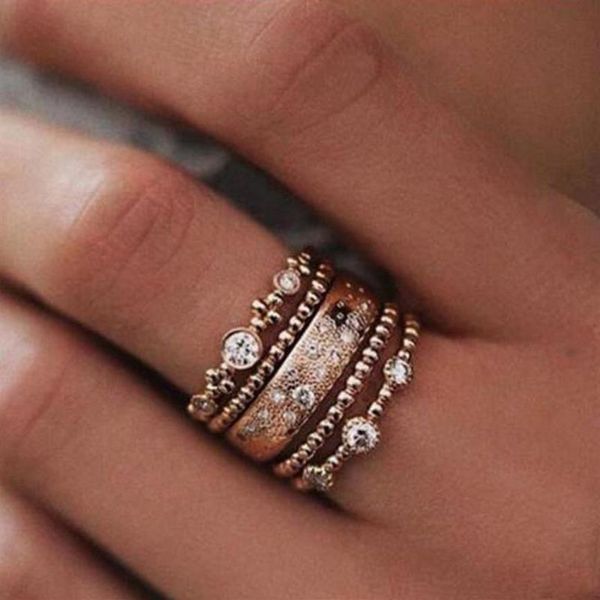 Jóias de casamento feminino vintage brilhante rosa cristal strass empilhável anel conjunto boêmio anéis band288x