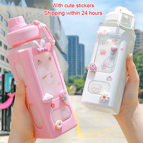 Garrafa de água shaker kawaii com adesivo de palha, bonito, sem bpa, 700ml/900ml, chá de plástico, leite, portátil, garrafa de bebida gourde para meninas