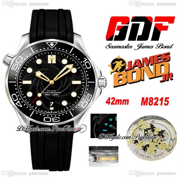 GDF Diver 300M Miyota 8215 Relógio Masculino Automático 42mm James Bond 007 50º Mostrador Preto Texturizado Borracha Preta 210 22 42 20 01 004 Novo 309K