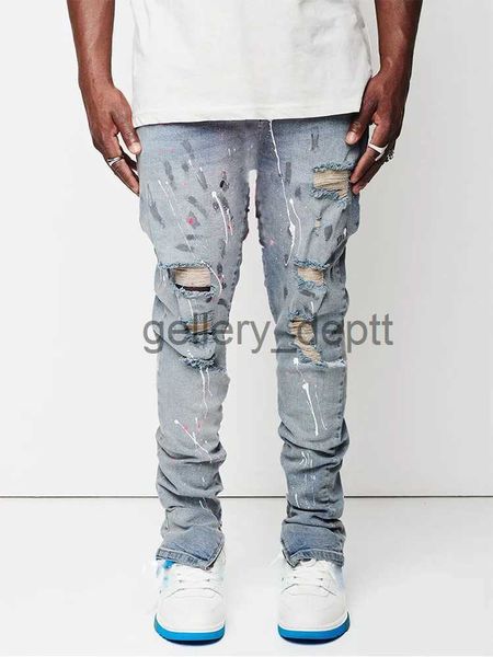 Herrenjeans Neues Design Männer Jeans Mann Farbe Slim Fit Baumwolle zerrissene Denim-Hosen Knie aushöhlen hellblaue Jeans für Männer Streetwear J230928