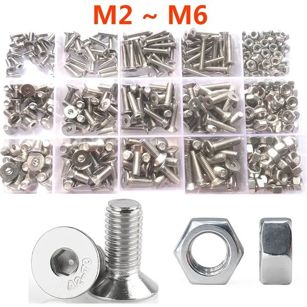 Werkzeugteile M2 M2,5 M3 M4 M5 M6 304 Edelstahlschraube Sechskant-Innensechskant Flachkopf-Senkkopfschraube und Sechskantmutter Möbelschrauben-Set 230928