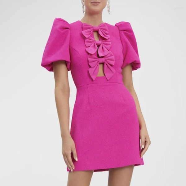 Partykleider Oansatz Kurzarm Mini Länge Kleid mit Schleife rosa Frau Kleidung Mode Cocktail für Frauen hübsch