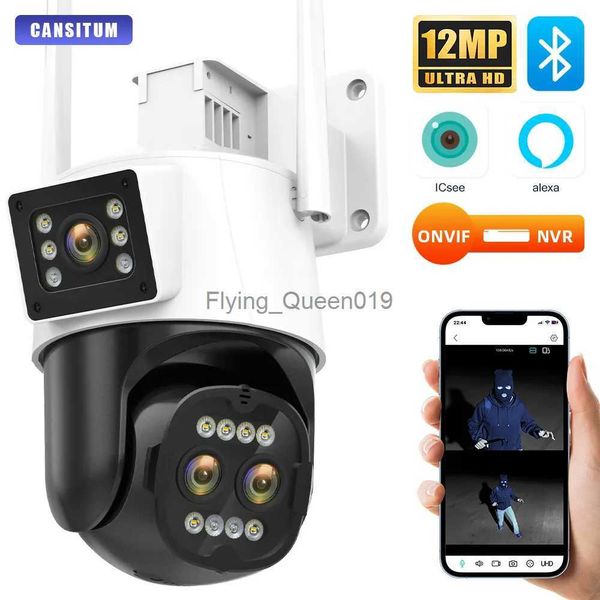 Obiettivo CCTV 12MP P2P Doppio obiettivo TRE obiettivi 360 Telecamera Wifi IP66 Protezione di sicurezza Monitor wireless esterno Smart Track Visione notturna YQ230928