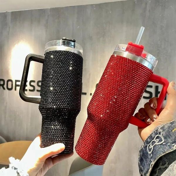 40 Unzen Bling Strass Diamant Tumbler Glitzer Wasserflasche mit Deckel Edelstahl Vakuum Thermostroh Ausgefallener Vakuum Trinkbecher286m