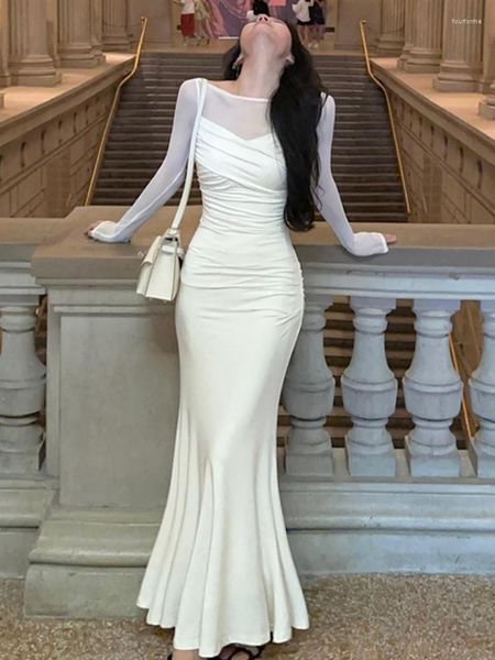 Vestidos casuais francês elegante mulheres branco sereia vestido moda retalhos senhora magro vestidos roupas 2023 outono vintage ruched baile maxi