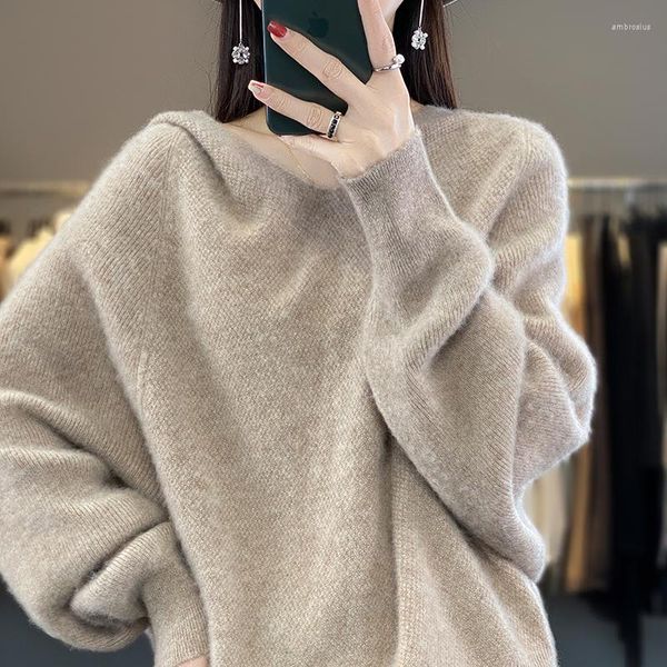 Женские свитера с капюшоном, свитер из чистой шерсти, свободный и ленивый, с рукавами «летучая мышь», корейский модный повседневный пуловер