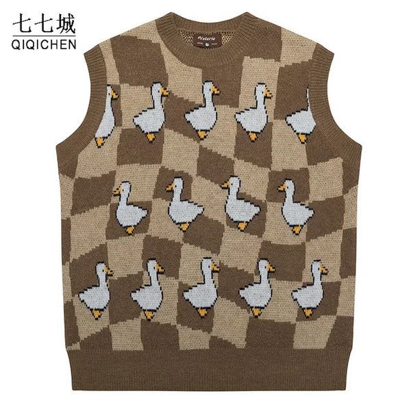 Männer Pullover Vintage College Gestrickte Weste Männer Frauen Cartoon Ente Lose Ärmellose Pullover Pullover Streetwear Casual Jumper Weste 230927