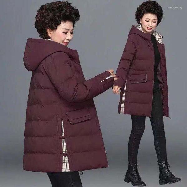 Trench da donna Cappotto imbottito in cotone per anziani di mezza età Giacca ispessita di media lunghezza da donna Autunno Inverno Stampa in cotone